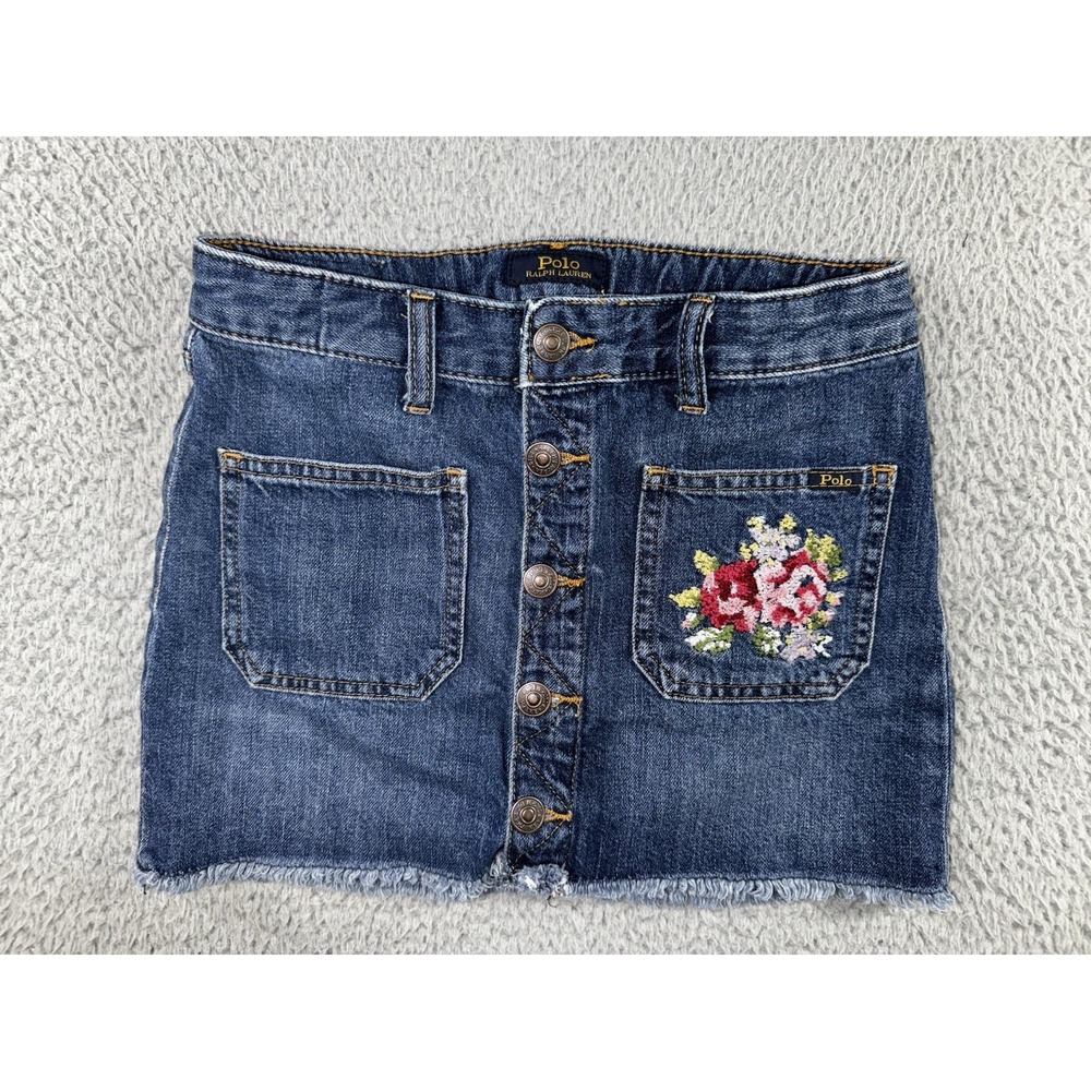 Polo Ralph Lauren Skirt Girls Medium 8-10 Floral Denim Embroidered Medium Wash